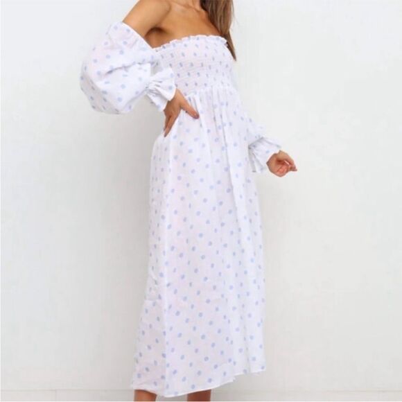 ✨🌸✨Petal & Pup Gabriella Blue Polka Dot Smocked Midi 100% Linen Dress ✨🌸✨ - Picture 10 of 16